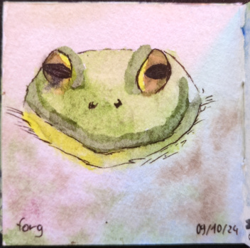 a small square watercolour painting of a green toad lurking in the water. it looks a bit derpy, the colours are greens and yellow for the frog, and browns in it's eyes and the background. it is named 'forg' and dated 09/10/24.