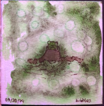 a small square watercolour painting of a tiny very cute frog sitting on a partly submerged rock. there are green bubbles floating in the air around the frog. the rock is brown, while the frog, water, and background is in different shades of greens. it is named 'bubbles' and dated 09/30/24.